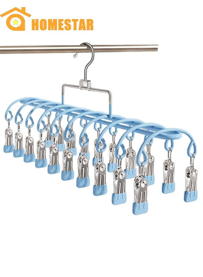 هومستر التجفيف معلق مع 20 مقاطع، الفولاذ المقاوم للصدأ الرياح معلق الملابس رف، الغراء الناعم غسيل تجفيف رف بدون أثر خزانة المنظم للملابس الداخلية، الجوارب، المناشف، الأزرق - Image 1